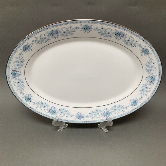 Noritake Blue Hill 2482 Oval Platter Plate Blue White Floral Platinum Trim 14" - Picture 1 of 5